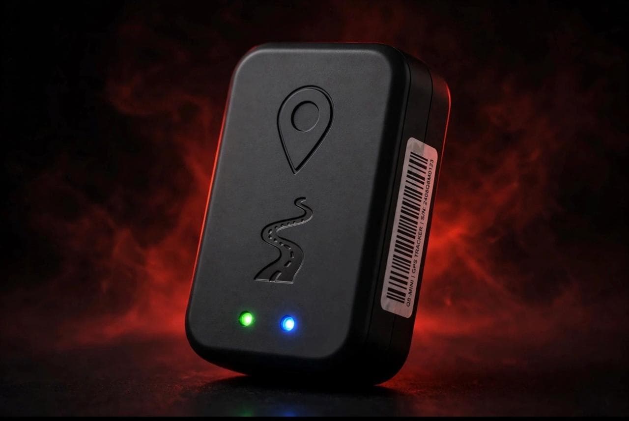 Q8 4G GPS tracker with glowing status lights, photographed against dramatic red lighting