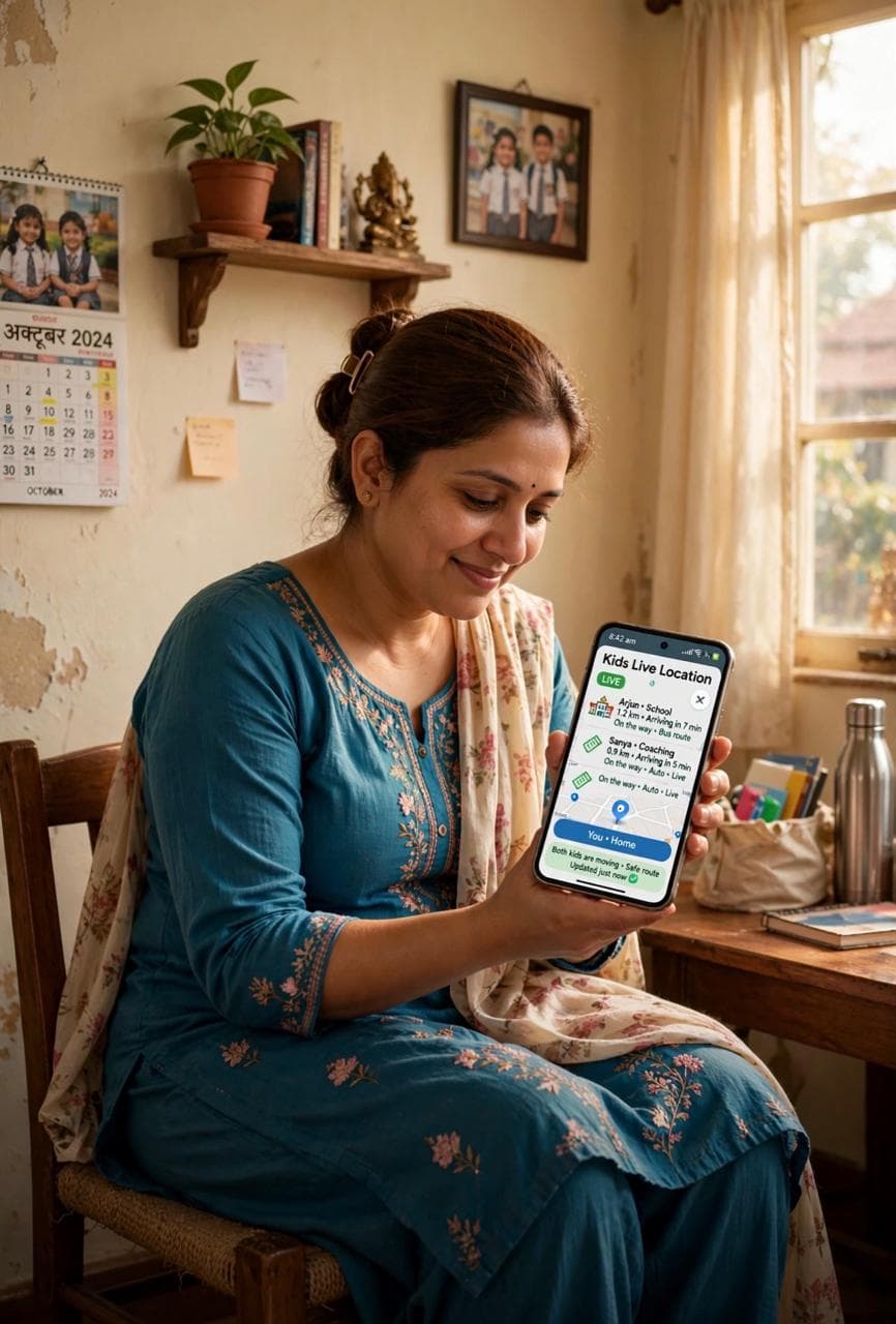 Mother checking her children’s live locations on a phone at home