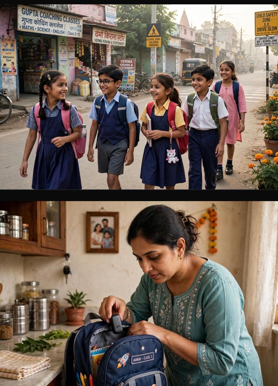 Schoolchildren on their way, with a mother preparing a tracker in a backpack